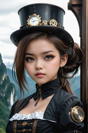 18 year old steampunk Filipino girl in mountain backgrounds.cripted  . style bio morphism haute couture . ice cube art