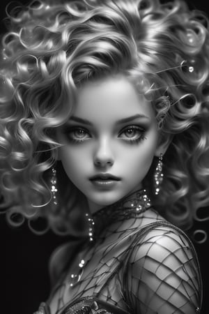  beautiful face. eyes like diamonds.liquid skin .glass body. internal wires.. perfect in all aspects .chaotic background.. she walks with confidence . her hair curlles all the way to the floor . monochrome.greyscale.proper lighting 
 