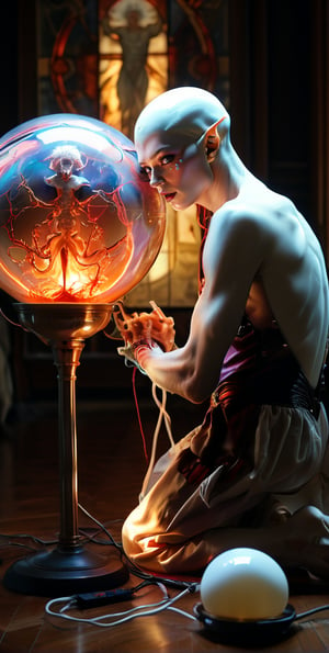 alian electric sphere depicting birth .colorful,8K,RAW, Style by J.C. Leyendecker. Canon 5d Mark 4, Kodak Ektar, 35mm,Long_Exposure .realistic . art piece .. shadowing lighting. shinning through form the background..   a pale faced man in a horror movie . shocking features. macabre  art