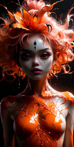 
A digitally created portrait of a beautiful Filipina dynamically standing covered in a flowing orange substance that appears to be paint or liquid. The substance is also in her hair, which is styled in a dramatic fashion.. Her expression is serious. The background is a soft pink and gray, with splashes of orange and black paint. The image is visually striking and evocative, and it suggests a sense of mystery and intrigue in wide angle realistic 3D  illustration --spandex uranium,splitting hairs-- stained glass -poison death,  earth shattering animation style ,dark and disturbing -dancing shadow, spider webs--raw ,clown face beautiful spandex wizard child morphing ((( paradigm))) ,alboca glass manufacturing, gigapascal pressure . valcanic red & orange--uranium green glass highlights
