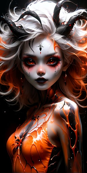 
A digitally created portrait of a beautiful Filipina dynamically standing covered in a flowing orange substance that appears to be paint or liquid. The substance is also in her hair, which is styled in a dramatic fashion.. Her expression is serious. The background is a soft pink and gray, with splashes of orange and black paint. The image is visually striking and evocative, and it suggests a sense of mystery and intrigue in wide angle realistic 3D  illustration --spandex uranium,splitting hairs-- stained glass -poison death,  earth shattering animation style ,dark and disturbing -dancing shadow, spider webs--raw ,clown face beautiful spandex wizard child morphing ((( paradigm))) ,alboca glass manufacturing, gigapascal pressure . valcanic red & orange--uranium green glass highlights
