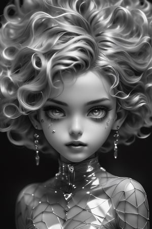  beautiful face. eyes like diamonds.liquid skin .glass body. internal wires.. perfect in all aspects .chaotic background.. she walks with confidence . her hair curlles all the way to the floor . monochrome.greyscale
 