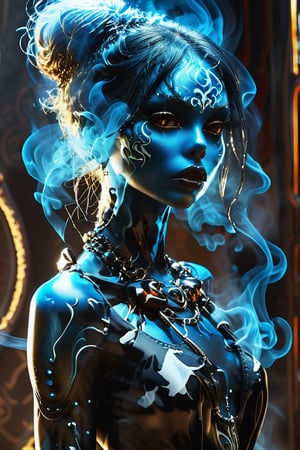 style reticulated haute couture .  alien  girl. sissor arm art. . dicarlini blown glass . detailed background of silver chains . liquid smoke . ferrofluide 