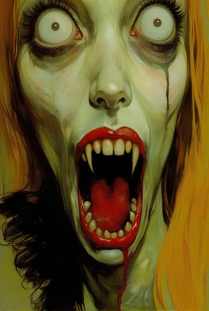 close up half body view of a  pale green skinned vampire girl with red lips. fangs with dripping.. evil  showing large fangs. style Halloween horror . she has white ice eyes. skin like leather . hair of golden yellow 