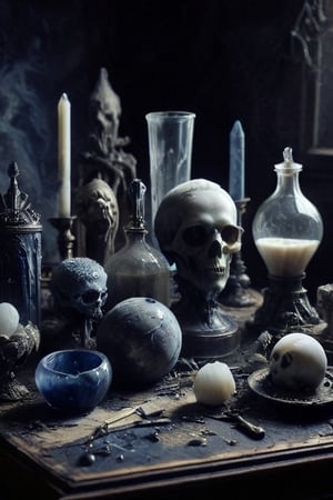  .dark gothic horror.crypted taxidermy . archeology dust. omebia aspect . antique glassware .dark white and indigo . uranium 