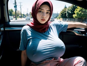 best quality, masterpiece, (photorealistic:1.4), 1girl, 15 year old girl, hijab, perfect milfication body, muslim, venusbody, milfication, ((gigantic_breasts)), perfect face, detailed eyes, smouldering, sitting in car, wearing tight T-shirt and hot pants, dimly lit,pure sleep
