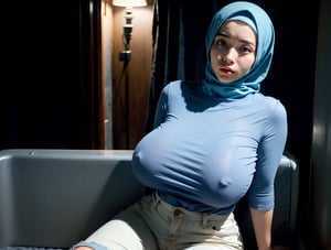 best quality, masterpiece, (photorealistic:1.4), 1girl, 15 year old girl, hijab, perfect milfication body, muslim, venusbody, milfication, ((gigantic_breasts)), perfect face, detailed eyes, smouldering, sitting on the plane, wearing tight T-shirt and hot pants, dimly lit,pure sleep