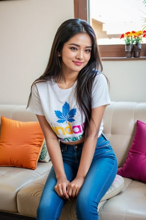 Beautiful cute young attractive indian teenage girl,18 years old,cute,instagram model,long black_hair,colorful hair,warm,in home sit at sofa,indian ,little smiling,wearing jeans tshirt.