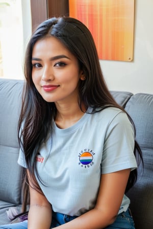 Beautiful cute young attractive indian teenage girl,18 years old,cute,instagram model,long black_hair,colorful hair,warm,in home sit at sofa,indian ,little smiling,wearing jeans tshirt, extended view