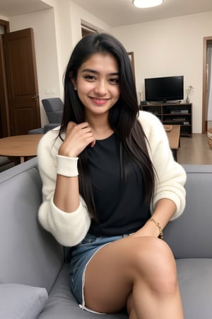 Beautiful cute young attractive indian teenage girl,18 years old,cute,instagram model,long black_hair,colorful hair,warm,in home sit at sofa,indian ,little smiling,smooth face prompt for influencer