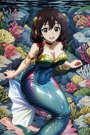 Highly detailed, High quality, Masterpiece, Beautiful, high detailed body, 1girl, solo, red eyes, cleavage, big breasts, underwater city, swimming, long shot, strapless, shell choker, armlet, Brown hair, smile, mermaid, twintails, looking_at_the_viewer, looking front, mermaid, Anime,MERMAID, belly_button, long hair,ANIME, hair_ribbon,yunyun1