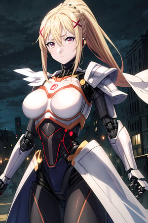 Highly detailed, High quality, Masterpiece, Beautiful, high detailed, Anime, 1 girl, (cowboy shot), looking_at_viewer, night dress, beautiful hands, large breasts, breasts, blonde_hair, bangs, yellow eyes ,android, joints, android joints, glowing eyes, glowing, red_eyes, jewelry, closed_mouth, android,ponytail, expressionless,darkness, long_hair, blonde_hair, blue_eyes, large_breasts, long_hair, hair_ornament, x_hair_ornament, hair_between_eyes, ponytail, armor, shoulder_armor, breastplate, android parts