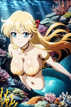 Highly detailed, High quality, Masterpiece, Beautiful, high detailed body, 1girl, solo, blue eyes, cleavage, big breasts, underwater city, swimming, long shot, strapless, shell choker, armlet, Blonde hair, smile, mermaid, long hair, looking_at_the_viewer, looking front, mermaid, Anime,MERMAID, belly_button, long hair,ANIME, hair_ribbon, EPsmSailorVenus, 