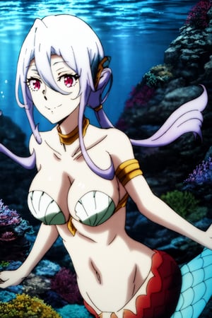 Highly detailed, High quality, Masterpiece, Beautiful, high detailed body, 1girl, solo, red eyes, cleavage, big breasts, underwater city, swimming, long shot, strapless, shell choker, armlet, purple hair, smile, mermaid, twintails, looking_at_the_viewer, looking front, mermaid, Anime,MERMAID, belly_button, long hair,ANIME, hair between eyes, purple hair,scales, perfect lighting, saphentiteneikes
