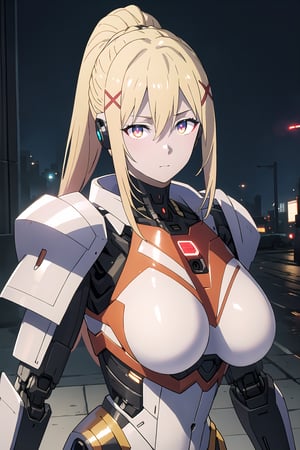 Highly detailed, High quality, Masterpiece, Beautiful, high detailed, Anime, 1 girl, (cowboy shot), looking_at_viewer, night dress, beautiful hands, large breasts, breasts, blonde_hair, bangs, yellow eyes ,android, joints, android joints, glowing eyes, glowing, red_eyes, jewelry, closed_mouth, android,ponytail, expressionless,darkness, long_hair, blonde_hair, blue_eyes, large_breasts, long_hair, hair_ornament, x_hair_ornament, hair_between_eyes, ponytail, armor, shoulder_armor, breastplate, android parts