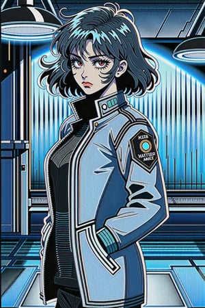 1boy, solo, looking at viewer, short hair, bangs, black hair, red eyes, closed mouth, jacket, coat, science fiction, hands in pockets, retro artstyle, cyborg, cyberpunk, kusanagi motoko