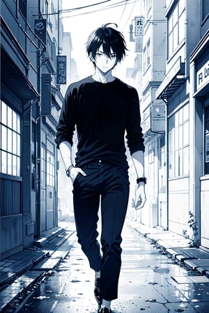 ((anime style, best quality)),(monochrome art),1men,black hair,brown eyes,black shirt, blue pants and black shoes ,Redayana, background in the tartarus