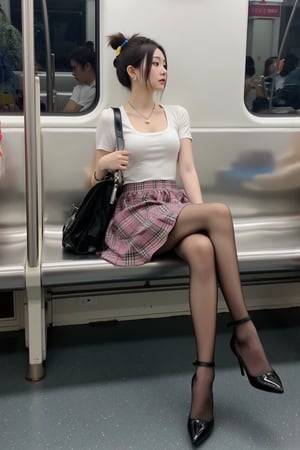 A stunning masterpiece of a young woman in a Taipei MRT station. She sits comfortably on the bench, her ponytail tied neatly at the nape of her neck, no mask to conceal her radiant features. Her fair skin glows under the fluorescent lighting, complemented by her curvaceous figure and impressive bustline. She wears a plaid skirt and matching school bag, with a pair of high heels adding an extra layer of sophistication. Shiny pantyhose wraps around her long legs, drawing attention to their toned length. The subway's hustle and bustle provides the vibrant backdrop for this alluring scene, showcasing the beauty of everyday life in Taipei.