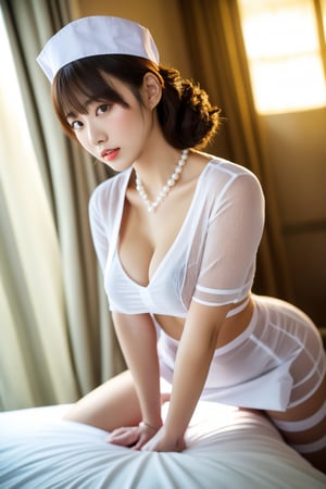 Masterpiece, best quality, super detailed, 
beautiful 20 years old Asian girl, solo, 
full body view,
middle breasts,
exposed shoulders, 
Shapely whole body, 
realistic portrait,
nurse cap,
Bangs,
pendant necklace,
brown Alluring eyes,
Graceful hands,
pearl bracelet,
beautiful Slim long leg,
white nurse uniform,
white high strip heels,
white sexy negligee,
hospital,