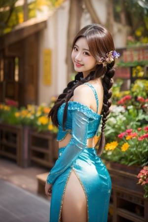 Masterpiece, best quality, super detailed, 
beautiful 20 years old Taiwanese girl, solo,
looking at viewer,
exposed shoulders,
side body shot,
Side glance pose,
Hourglass full body, 
realistic portrait,
Flower Hair clip,
2 long Braids,
long hair,
brown Alluring eyes,
smile,
Elegant hands,
beautiful Slim long leg,
high heels,
cheongsam,