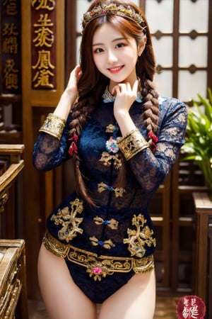 Masterpiece, best quality, super detailed, 
beautiful 20 years old Taiwanese girl, solo,
front full body shot,
Side glance pose,
Hourglass full body, 
realistic portrait,
Flower Hair clip,
Braids,
long hair,
brown Alluring eyes,
smile,
Elegant hands,
beautiful Slim long leg,
high heels, 
cheongsam,
great wall,