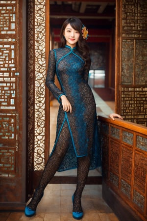 Masterpiece, best quality, super detailed, 
beautiful 20 years old Taiwanese girl, solo,
Full body shot,
looking at viewer,
exposed shoulders,
Side glance pose,
Hourglass full body, 
realistic portrait,
Flower Hair clip,
Fringe,
long hair,
brown Alluring eyes,
smile,
Elegant hands,
beaded bracelet,
beautiful Slim long leg,
stockings,
high heels, 
Qipao,cheongsam,china dress,Fashion cheongsam