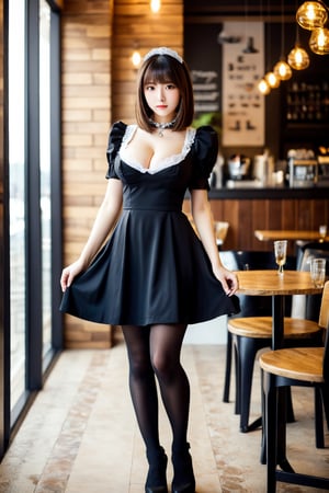 Masterpiece, best quality, super detailed, beautiful 15 years old Asian girl,Hourglass figure,realistic portrait, 
maid attire,
in coffee shop,
Alluring eyes,
big breasts, 
bob haircut, 
high heels, 
beautiful Slim long leg,
sultry pose,
look at viewer,