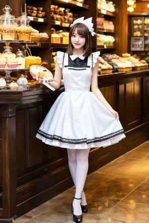 Masterpiece, best quality, super detailed, beautiful 15 years old cute Asian girl,Hourglass figure,realistic portrait, beautiful Slim long leg, Alluring eyes,
maid attire,
in the dessert store,
bangs haircut, 
high heels, 
look at viewer,