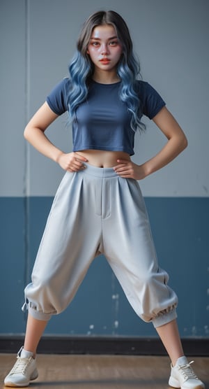 Beautiful 21-year-old,  blue hair colour, wave medium hair girl, detailed face, detailed eyes,wear  oversize 
top and over size half pant ,shoes, looking straight in camera,  standing middle dance studio, background worte sana in wall,full body pictures 
style of Edvard Munch,3d,clean 