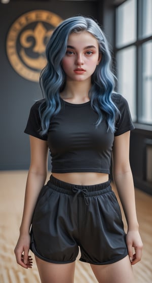Beautiful 21-year-old,  blue hair colour, wave medium hair girl, detailed face, detailed eyes,wearblack top and shorts,shoes, looking straight in camera,  standing inside dance studio, full body pictures 
style of Edvard Munch,3d,clean 