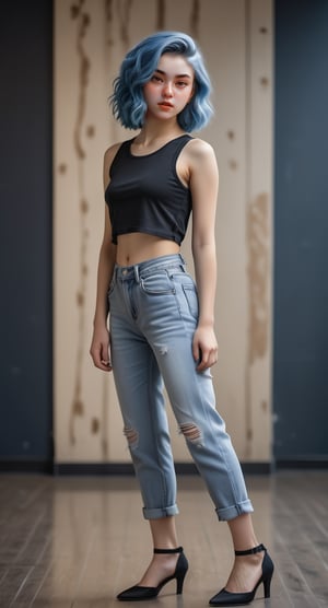 Beautiful 21-year-old,  blue hair colour, wave medium hair girl, detailed face, detailed eyes,wear tang 
top and loose jeans,heels, looking straight in camera,  standing inside dance studio, background worte sana in wall,full body pictures 
style of Edvard Munch,3d,clean 