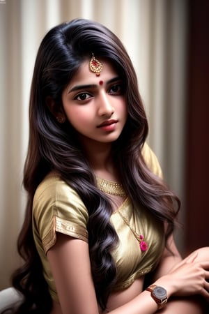 indian_style,very_long_hair,curly_hair ,black-hair,potrait photo,Indian girl, 18 year old, desi indian girls, collage girl, realistic, 1girl, sharp detailing, sexy eye, sexy lip, smart watch, sole_female,photorealistic