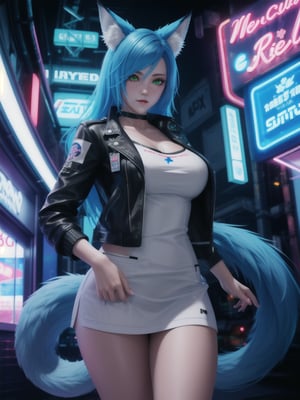 1 girl, beautiful woman, asian, hawaiian, fox girl, blue hair, fox ears, green eyes, fox tail, neon lights, long hair, blue tail, fluffy tail, Lightning,cyberpunk, cYbeR, medic, meditech, EMT, nurse outfit, biker jacket, leather clothes,CyberBlueMoon