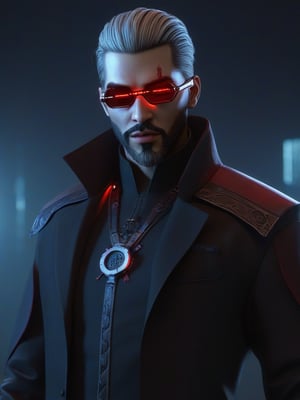 (CharacterSheet:1), portrait, close up,gothic, neogothic, hard surface, hitech modern cyberpunk Vampire, moonlight, dramatic lighting,detailed, high details, stylized, stylized armor, Vladimir, blood prince, hemomant, stylized concept, concept, stylized art, concept art, futuristic male Vampire, pale skin, long silver hair glowing eyes, hitech hard surface armor,This enigmatic figure embodies the lethal prowess and uncanny finesse of Vampires, a master of the shadows and a harbinger of silent, swift demise., 2077, cyberpunk,zavy-cbrpnk, faceplate,cyberpunk style, long black coat, lab coat, red LED coat collar, long hair, ponytail, full body,led glasses,, beard, goatee, five o clock shadow, stubble, fangs, snarling, mouth open