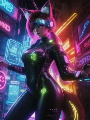 1 girl, beautiful woman, latina, fox girl, red hair, fox ears, gold eyes, fox tail, neon lights, long hair, red tail, fluffy tail, Lightning,cyberpunk, netrunner, hacker, ,gilr,judy, wetsuit, skintight rubber, tech suit, tights,Cyberpunk style props,Cyberpunk VR 