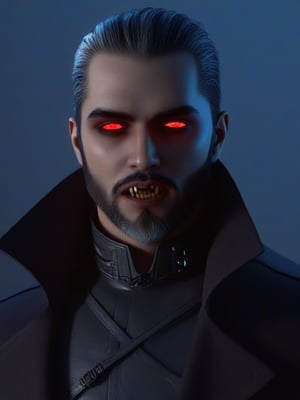 (CharacterSheet:1), portrait, close up,gothic, neogothic, hard surface, hitech modern cyberpunk Vampire, moonlight, dramatic lighting,detailed, high details, stylized, stylized armor, Vladimir, blood prince, hemomant, stylized concept, concept, stylized art, concept art, futuristic male Vampire, pale skin, long silver hair glowing eyes, hitech hard surface armor,This enigmatic figure embodies the lethal prowess and uncanny finesse of Vampires, a master of the shadows and a harbinger of silent, swift demise., 2077, cyberpunk,zavy-cbrpnk, faceplate,cyberpunk style, long black coat, lab coat, red LED coat collar, long hair, ponytail, full body,led glasses,, beard, goatee, five o clock shadow, stubble, fangs, vampire style,Perfect Fangs