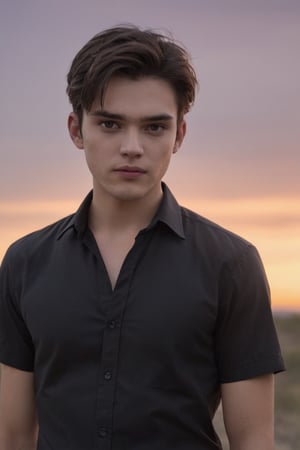 solo, looking at viewer, short hair, brown hair, shirt, black hair, 1boy, closed mouth, upper body, male focus, collared shirt, black eyes, lips, black shirt, facial hair, sunset, realistic