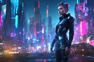 (masterpiece), best quality, high resolution, highly detailed, detailed futuristic cityscape, ground level, background, perfect lighting, 1girl standing,  cyber punk clothing, front facing the camera, angled to body,  movie poster, cyber punk style full body, night city, photo realistic,  