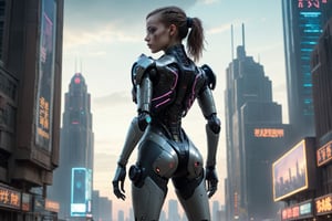 (masterpiece), best quality, high resolution, highly detailed, detailed futuristic detroit cityscape, ground level, background, perfect lighting, 1girl standing,  exoskeleton suit, back to the camera, angled to body,  movie poster, cyber punk style full body,