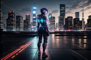 (masterpiece), best quality, high resolution, highly detailed, detailed futuristic detroit cityscape, ground level, background, perfect lighting, 1girl standing,  cyber punk outfit, facing the camera, angled to body,  movie poster, cyber punk style full body,