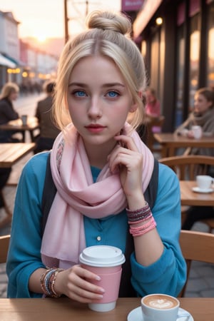 1girl, solo, blonde, long hair, blue eyes, upper body, sitting at the table, parted lips, bun, scarf, with delicate bracelets on her hands, lips, pink skirt, sunset, scarf, street, Coffee shop, drinking coffee, people in the back drinking coffee in small groups, Surreal, 8K