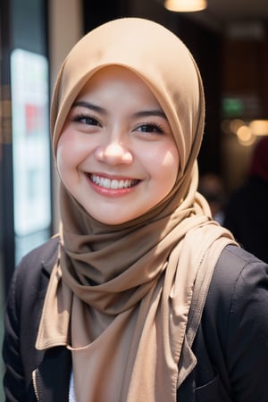 h4n4, 1girl, solo, looking at viewer, smile, open mouth, shirt, teeth, grin, blurry, black eyes, coat, depth of field, blurry background, turtleneck, half-closed eyes, portrait, meme, brown jacket, realistic, hijab