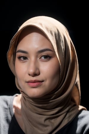 portrait of woman ,(25 years old),smile,(eye contact:1.3),(intense stare:1.3),on a (plain black background:1.2),(headshot:1.2),(face focus:1.1),(facing the camera:1.2),head in the centre,slight smile but sad,(facing straightforward:1.2),(forward facing:1.1),face focus,f1.4,40mm,photorealistic,raw,8k,skin pores,dried-up,textured skin,intricate details,dramatic light,award winning,Strong emotional expression,depth of field,blurry,Bokeh,by Nori Inoguchi, hijab