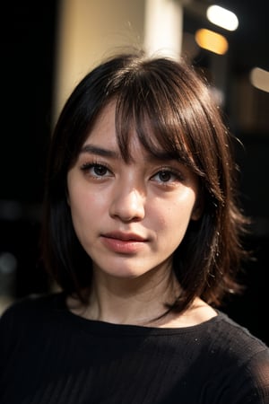 portrait of woman ,(25 years old),tired,(eye contact:1.3),(intense stare:1.3),on a (plain black background:1.2),(headshot:1.2),(face focus:1.1),(facing the camera:1.2),head in the centre,slight smile but sad,(facing straightforward:1.2),(forward facing:1.1),face focus,f1.4,40mm,photorealistic,raw,8k,skin pores,dried-up,textured skin,intricate details,dramatic light,award winning,Strong emotional expression,depth of field,blurry,Bokeh,by Nori Inoguchi,