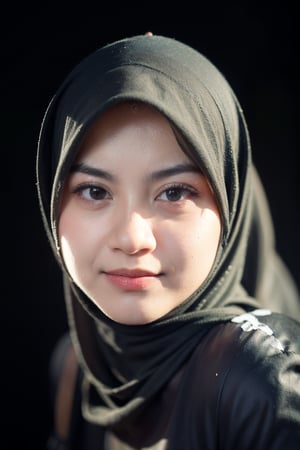 portrait of woman ,(25 years old),smile,(eye contact:1.3),(intense stare:1.3),on a (plain black background:1.2),(headshot:1.2),(face focus:1.1),(facing the camera:1.2),head in the centre,slight smile but sad,(facing straightforward:1.2),(forward facing:1.1),face focus,f1.4,40mm,photorealistic,raw,8k,skin pores,dried-up,textured skin,intricate details,dramatic light,award winning,Strong emotional expression,depth of field,blurry,Bokeh,by Nori Inoguchi, hijab