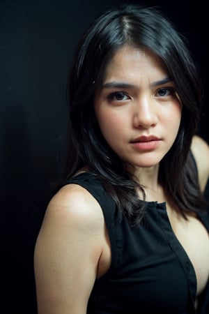 portrait of woman ,(25 years old),tired,(eye contact:1.3),(intense stare:1.3),on a (plain black background:1.2),(headshot:1.2),(face focus:1.1),(facing the camera:1.2),head in the centre,slight smile but sad,(facing straightforward:1.2),(forward facing:1.1),face focus,f1.4,40mm,photorealistic,raw,8k,skin pores,dried-up,textured skin,intricate details,dramatic light,award winning,Strong emotional expression,depth of field,blurry,Bokeh,by Nori Inoguchi,