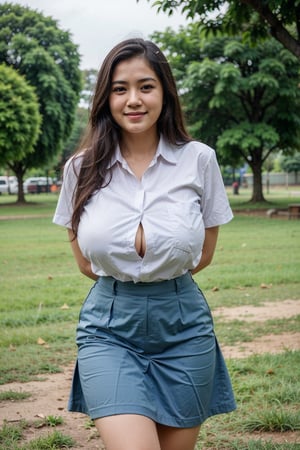 sma_uniform, asian girl, solo, long hair, looking at viewer, smile, shirt, black hair, brown eyes, closed mouth, standing, white shirt, short sleeves, cowboy shot, outdoors, day, collared shirt, blue skirt, blurry, tree, blurry background, arms behind back, grass, realistic, white shirt, huge breast, cleavage