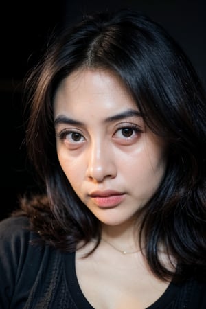 portrait of woman ,(25 years old),tired,(eye contact:1.3),(intense stare:1.3),on a (plain black background:1.2),(headshot:1.2),(face focus:1.1),(facing the camera:1.2),head in the centre,slight smile but sad,(facing straightforward:1.2),(forward facing:1.1),face focus,f1.4,40mm,photorealistic,raw,8k,skin pores,dried-up,textured skin,intricate details,dramatic light,award winning,Strong emotional expression,depth of field,blurry,Bokeh,by Nori Inoguchi,