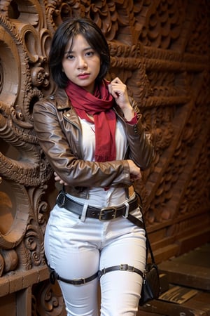 hmmikasa, short hair, black eyes, scarf, emblem, belt, thigh strap, red scarf, white pants, brown jacket, long sleeves