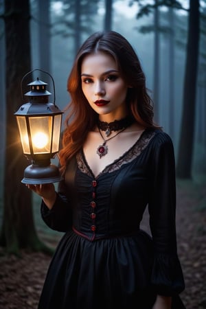 Beautiful girl, dressed in gothic style, long dress, long-sleeved blouse, buttoned up to the neck, dark make-up in vampire style. Around her neck is a necklace with a delicate pendant and a pentagraph symbol on it. Made of precious stone, it emanates a light glow, a red glow.
It runs through an old dark forest. He holds a lantern in his hand to light his way. It's dark, the full moon creates interesting chiaroscuro penetrating through the tree branches.
The forest is slightly foggy, it's raining. Vapor in the exhaled air is sometimes visible, delicate.
Scared, worried.
The compo path is illuminated by old-style lanterns.
Photo quality. Wide frame. Accurate details, high realism.
Perfect girl proportions.